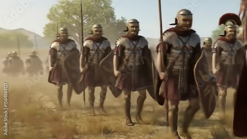 Roman soldiers marching in formation across a grassy landscape under a clear sky, preparing for battle