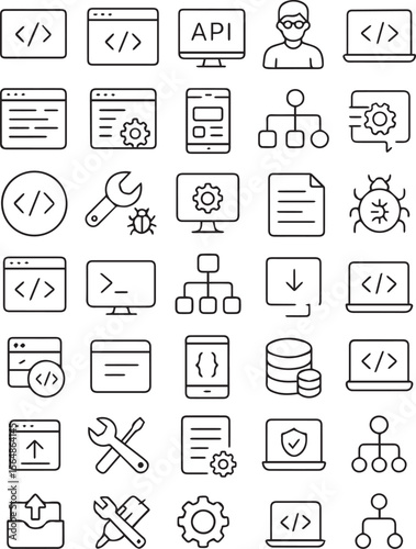  Web development set of web icons in line style. Developer icons for web and mobile app. Code, api, programmer coding, app, flow, node connect, web coder, bug fix and more. Vector illustration
