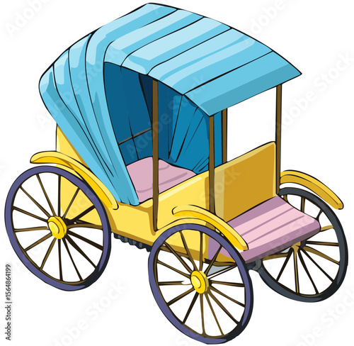 Vintage Horse-Drawn Carriage Illustration with Blue Canopy
