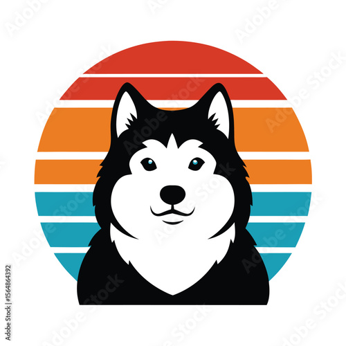 Malamute Dog Silhouette on Retro Sunset