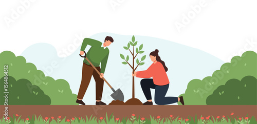 Two People Planting Tree Front View with Shovel and Soil, Environmental Conservation Illustration, Teamwork Gardening Concept, Nature Sustainability Vector Artwork