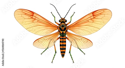 Delicate Nemoptera bipennis, wings outstretched, against pure white background, lacewing, natural Vibrant, detailed illustration of an orange-winged, striped insect with a long tail, suitable for ento