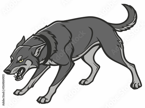 Illustration of an angry gray wolf with bared teeth and a raised tail in a threatening posture design