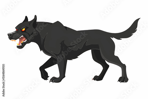 Illustration of a menacing black dog with glowing yellow eyes and bared teeth in a dynamic pose