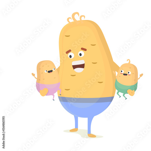 Potato Man character walking with young potato boys. Smiling dad with sons. Joyful father playing with his little kid. Happy family. Cute cartoon characters isolated on white background.