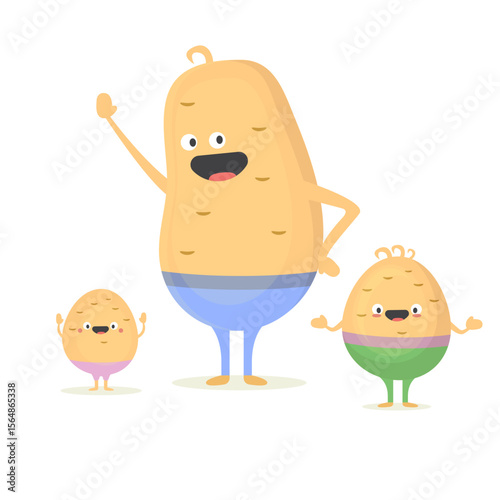 Potato Man character walking with young potato boys. Smiling dad with sons. Joyful father playing with his little kid. Happy family. Cute cartoon characters isolated on white background.