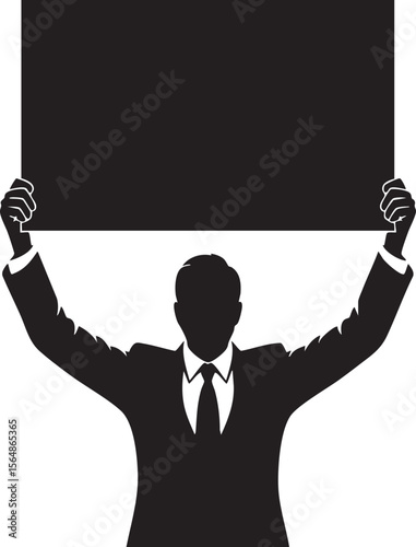 Businessman holding blank sign above head suit