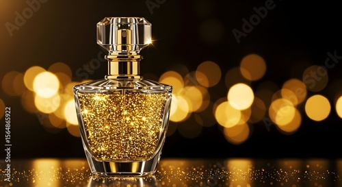 Golden perfume bottle with glittering details against a dark background Golden sparkling perfume bottle with an elegant faceted glass design set against a blurred warm bokeh background, ideal for luxu