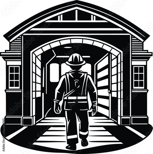 A firefighter in turnout gear walks through the arched entrance of a fire station