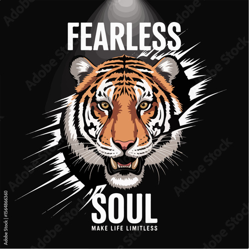 Fierce tiger face with fearless soul text and lightning effect