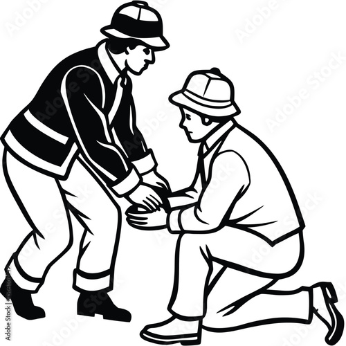 Kneeling firefighter extends a helping hand to a standing colleague
