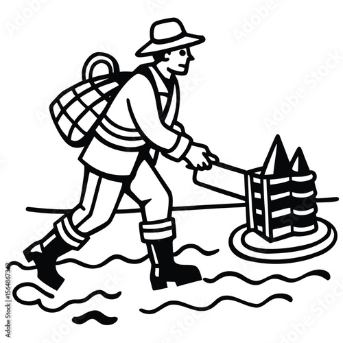 A traditional fisherman wading into rippling water, wearing a hat, boots, and backpack while holding a pointed spear in a black-and-white line art illustration