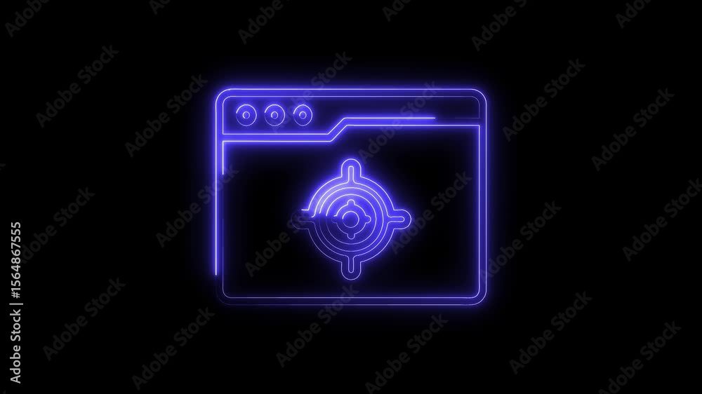 Neon website browser window with target icon animation on a black background Neon website browser window with target icon animation on a black background