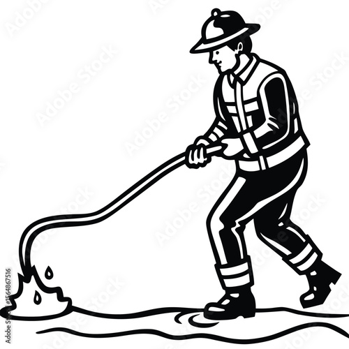 Firefighter in protective gear sprays high-pressure water to extinguish flames