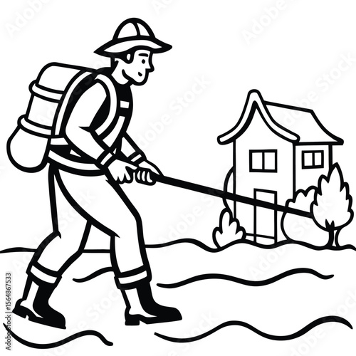 Firefighter Carrying Hose and Backpack Approaching a House