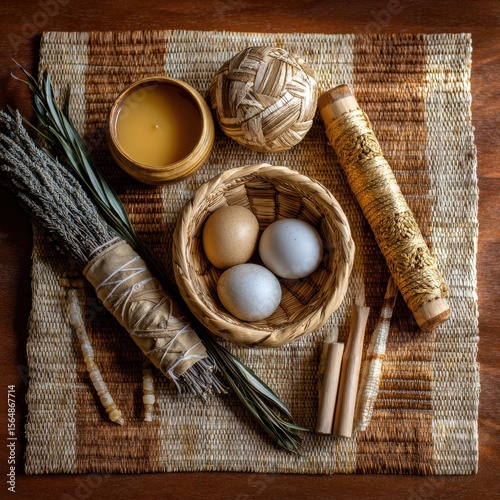 A basket of eggs sits on a table with some herbs and candles