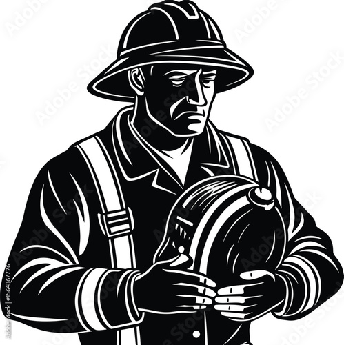 Title: Firefighter in Protective Gear Holding Helmet