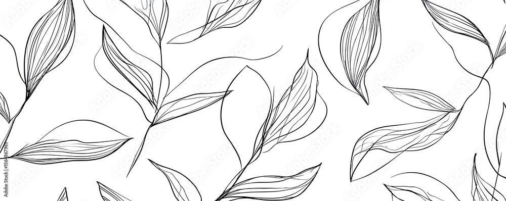 Seamless monochrome pattern featuring delicate one line drawings of leaves on a white background, forming a minimalist botanical and natural vector design Seamless monochrome pattern featuring delicate one line drawings of leaves on a white background, forming a minimalist botanical and natural vector design
