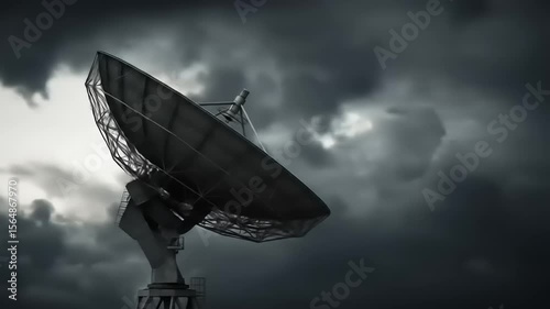Satellite dish facing ominous clouds, capturing signals amidst a stormy sky, evoking technology's power