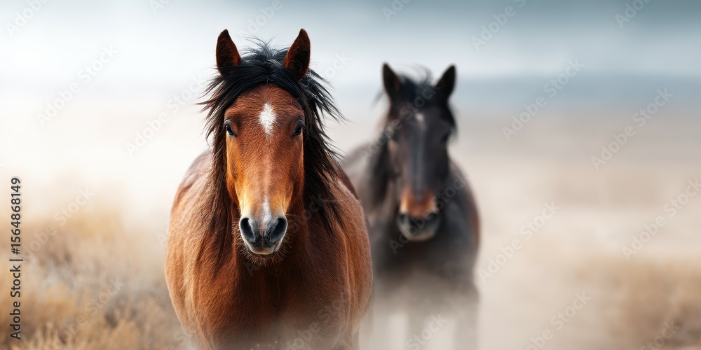Fototapeta premium Two horses in a misty landscape during early morning hours
