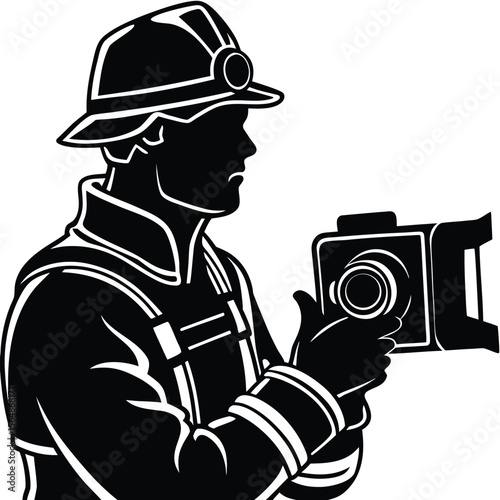 Silhouetted Firefighter in Protective Helmet and Gear Holding a Hose Nozzle