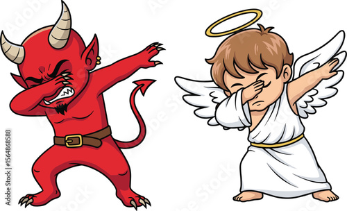 Cartoon Angel and Devil Characters Dabbing Front View, Funny Good and Evil Contrast Illustration, Dab Dance Pose, Humor Vector Artwork Design