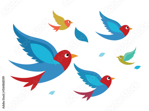 A flock of stylized birds in flight with blue and teal wings and red heads
