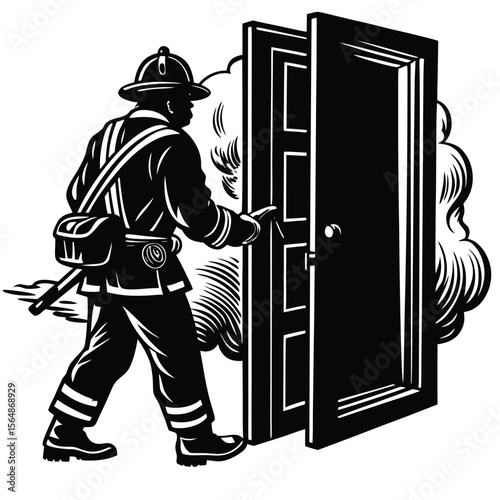 Firefighter in Full Gear Opens Smoke-Filled Door During Emergency Rescue