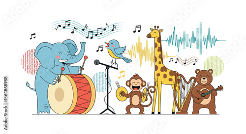 Jungle jam session featuring a musical menagerie of friendly forest creatures playing instruments together