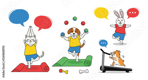 Animals practicing yoga juggling and running on treadmill with speech bubbles and exercise equipment for health and wellness