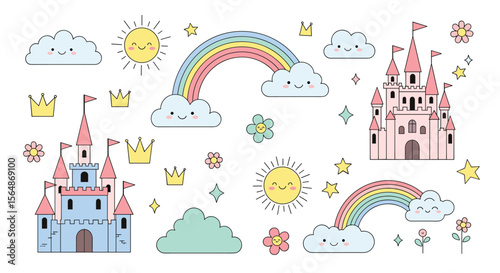 Magical pixel art rainbows clouds and castles for a whimsical fantasy theme