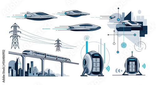 Futuristic urban infrastructure utilizing advanced technology for sustainable energy and interconnected communication systems illustrating a modern smart city