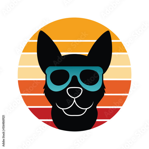 Sleepy Dog Head in Sunglasses on Retro Sunset
