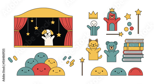 A charming collection of hand puppet characters and theatre elements for creative storytelling and playful entertainment