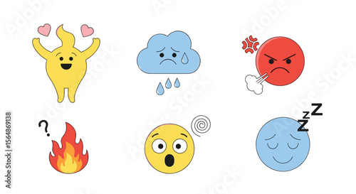 A collection of expressive cartoon characters symbolizing various emotions and states of being