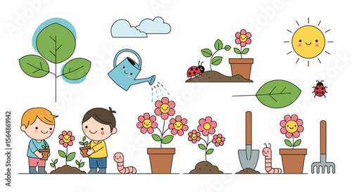 Children enjoying outdoor gardening activities under the warm sunshine planting flowers and observing nature