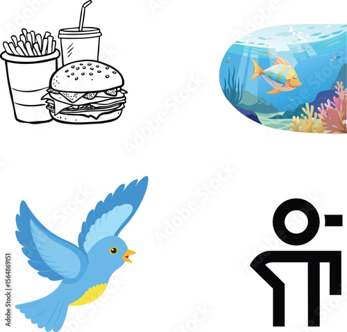 Vibrant Illustrations Fast Food, Underwater Scene, Bird, and Person Icon