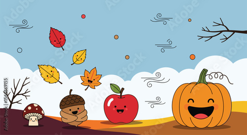 Adorable autumn characters enjoy a windy day amongst falling leaves and colorful scenery