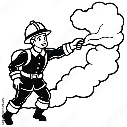 Black-and-White Cartoon Firefighter Spraying Water Hose and Generating Steam Cloud