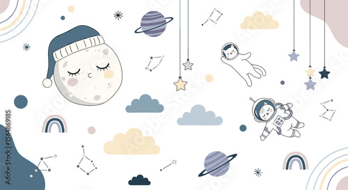 Cute sleeping moon and planets with rainbows and clouds on a white background for children's bedroom decor and nursery designs