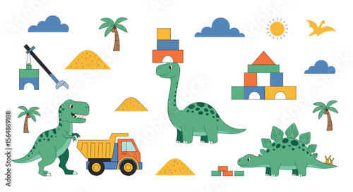 Playful dinosaurs constructing a vibrant building block world together under the sunny sky