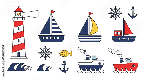 Nautical vector icons featuring lighthouses sailboats ships anchors waves and marine life elements