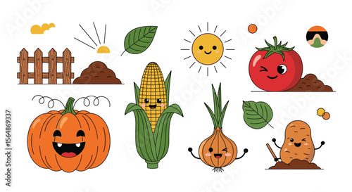 A whimsical pixel art collection of happy vegetables and farm elements under a bright sunny sky