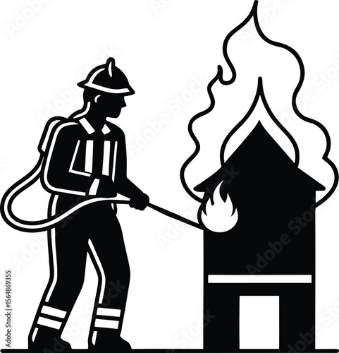 A firefighter in full protective gear extinguishes burning rooftop flames with a water hose