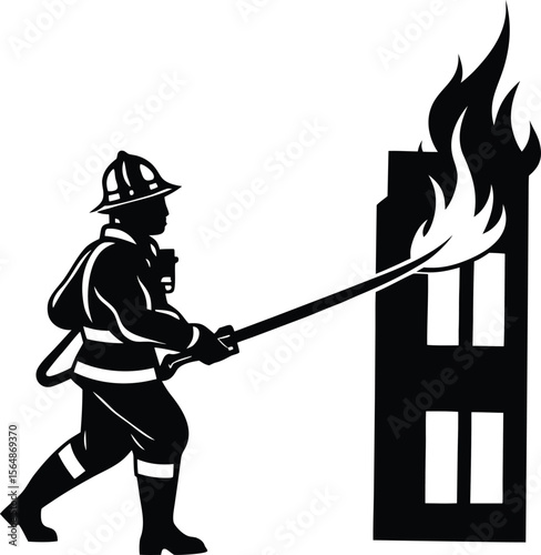 Brave Firefighter Battling Blaze Dramatic Black and White Illustration