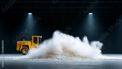 White powder dust pile with forklift in dark industrial warehouse, dynamic dust explosion and dramatic lighting scene