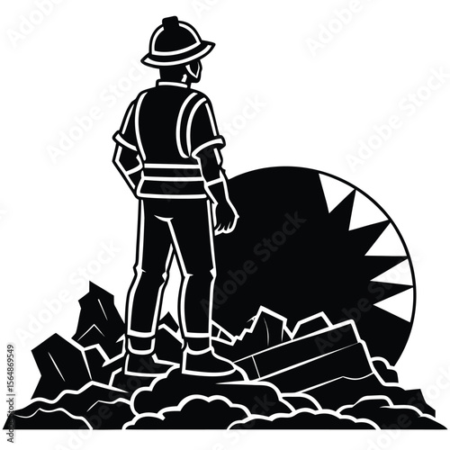 Brave Firefighter Surveying Disaster Aftermath Silhouette Illustration