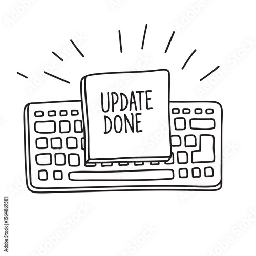 A yellow note on the keyboard reading update done