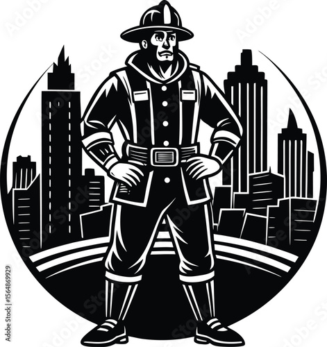 Brave Firefighter Protecting the City A Bold Black and White Illustration