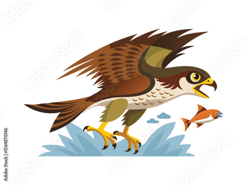 Cartoon hawk swooping down to catch a fish in the water isolated on white background
